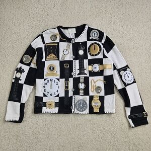 Flawed Susan Bristol Clock Cardigan 90s Vintage Black White Eclectic Womens M